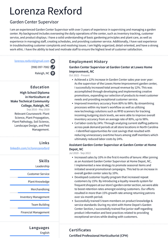 Walmart Garden Center Supervisor Resume Example