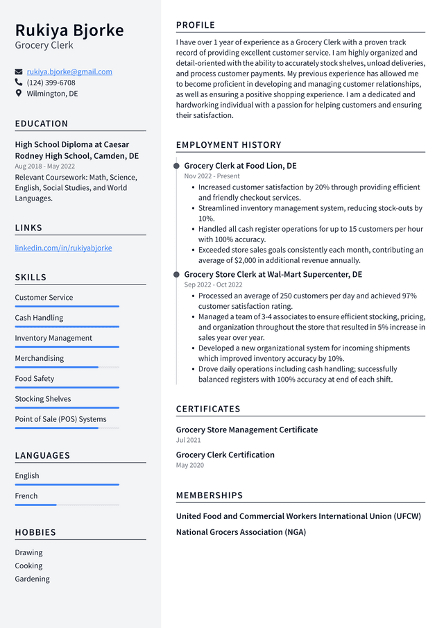 Walmart Grocery Clerk Resume Example