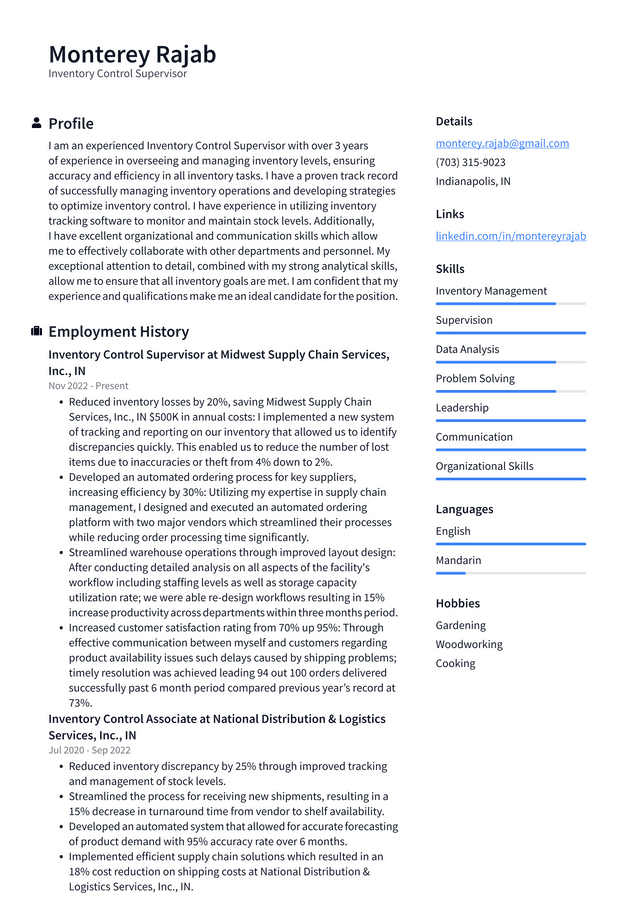 Walmart Inventory Control Supervisor Resume Example