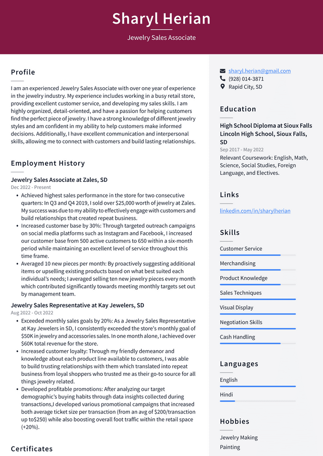 Walmart Jewelry Sales Associate Resume Example