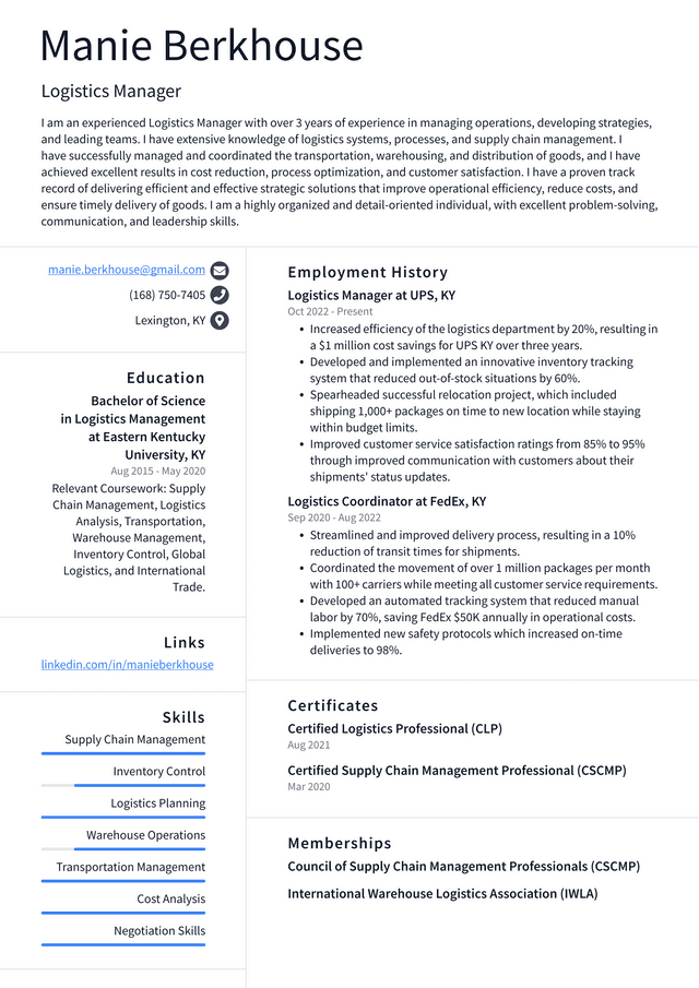 Walmart Logistics Manager Resume Example