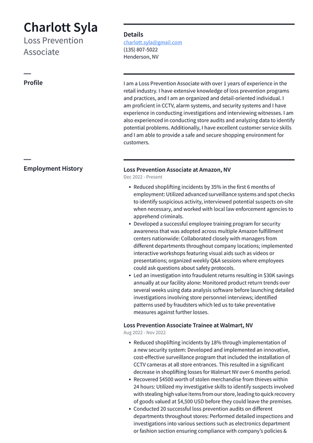 Walmart Loss Prevention Associate Resume Examples