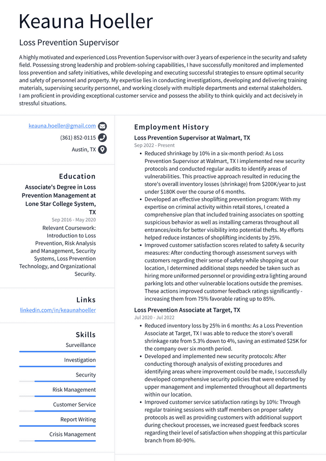 Walmart Loss Prevention Supervisor Resume Example