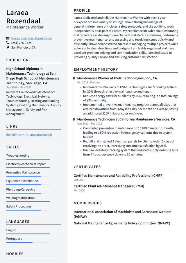 Walmart Maintenance Worker Resume Example