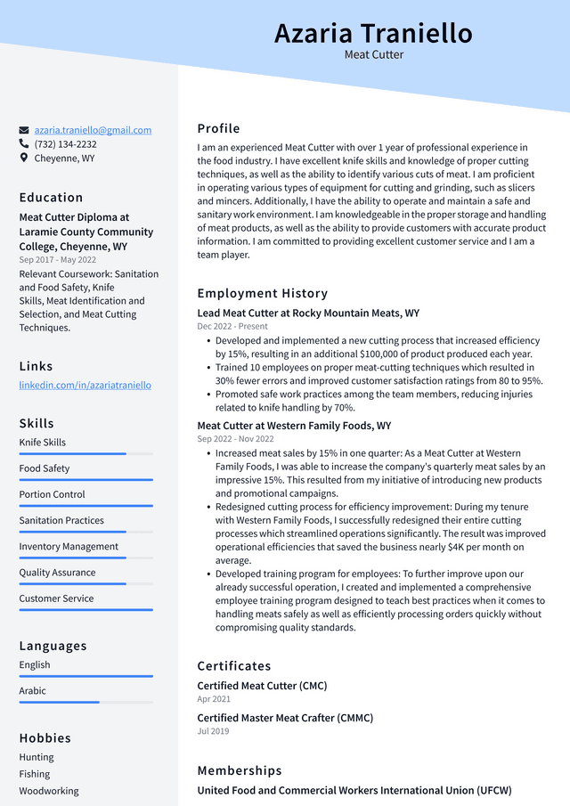 Walmart Meat Cutter Resume Example