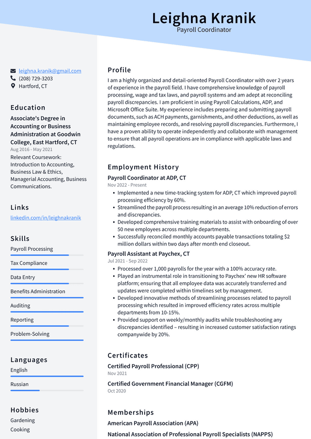 Walmart Payroll Coordinator Resume Example