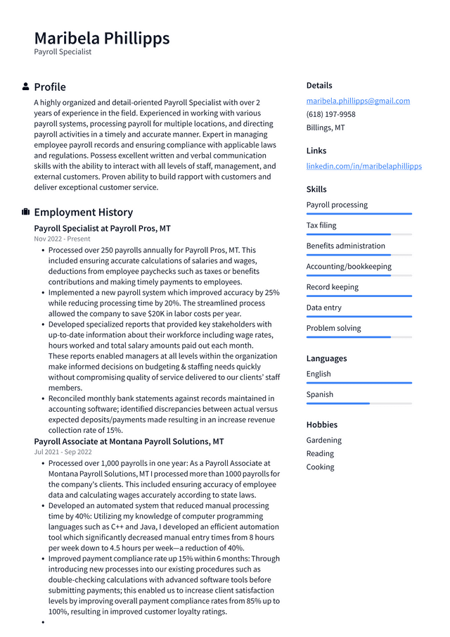 Walmart Payroll Specialist Resume Example