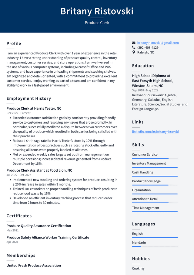 Walmart Produce Clerk Resume Example