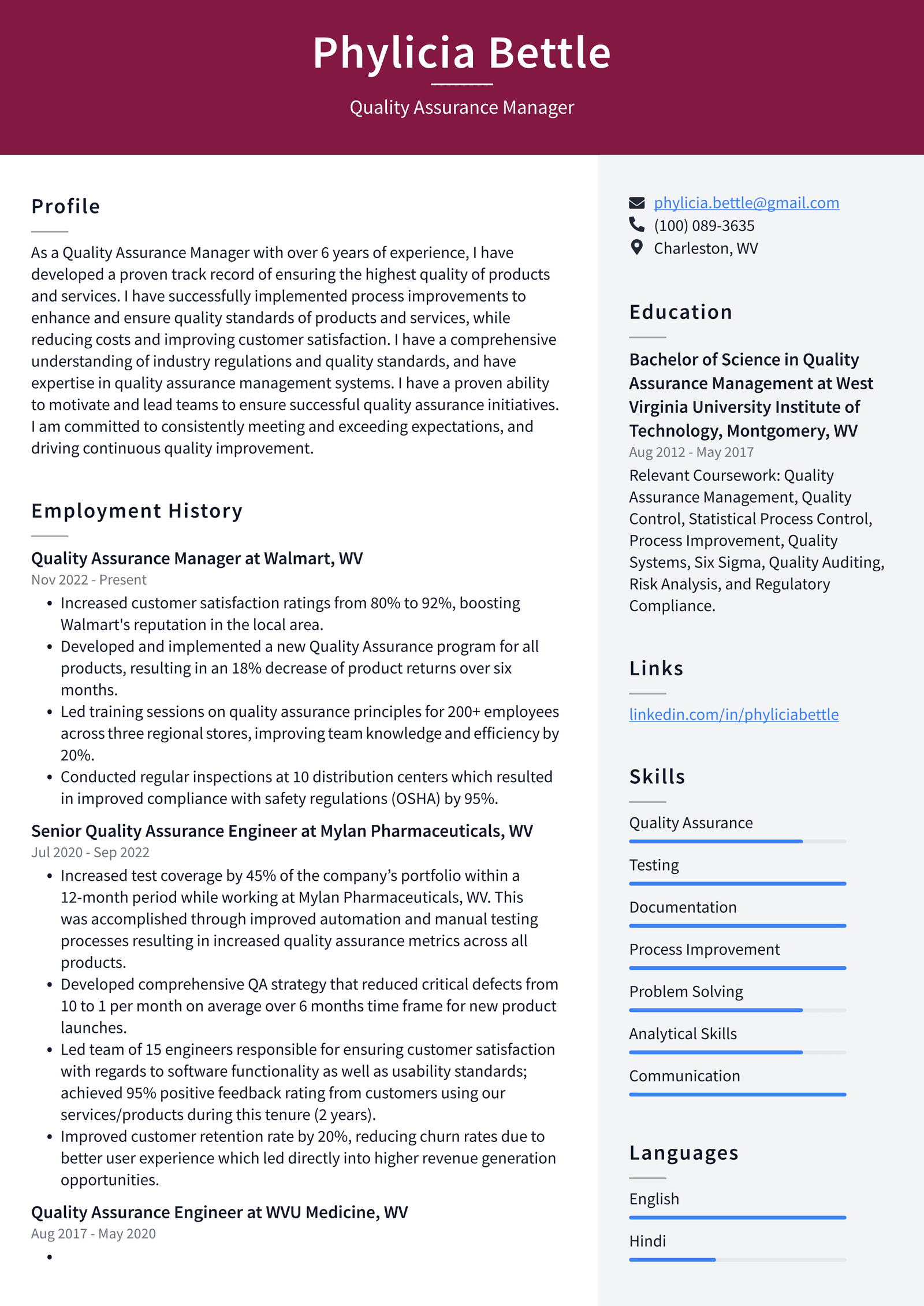 Walmart Quality Assurance Manager Resume Examples