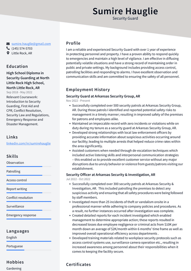 Walmart Security Guard Resume Example