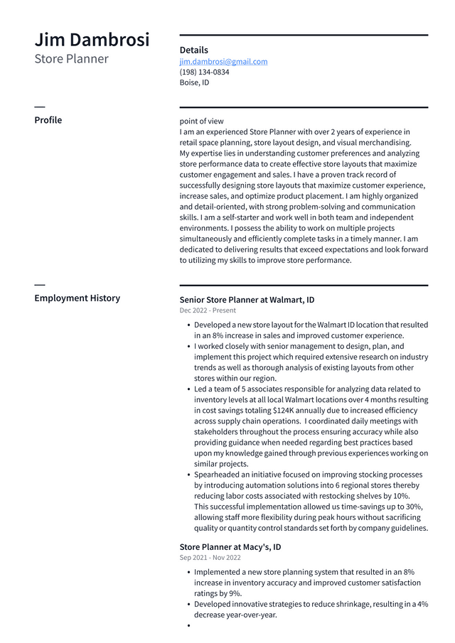 Walmart Store Planner Resume Example