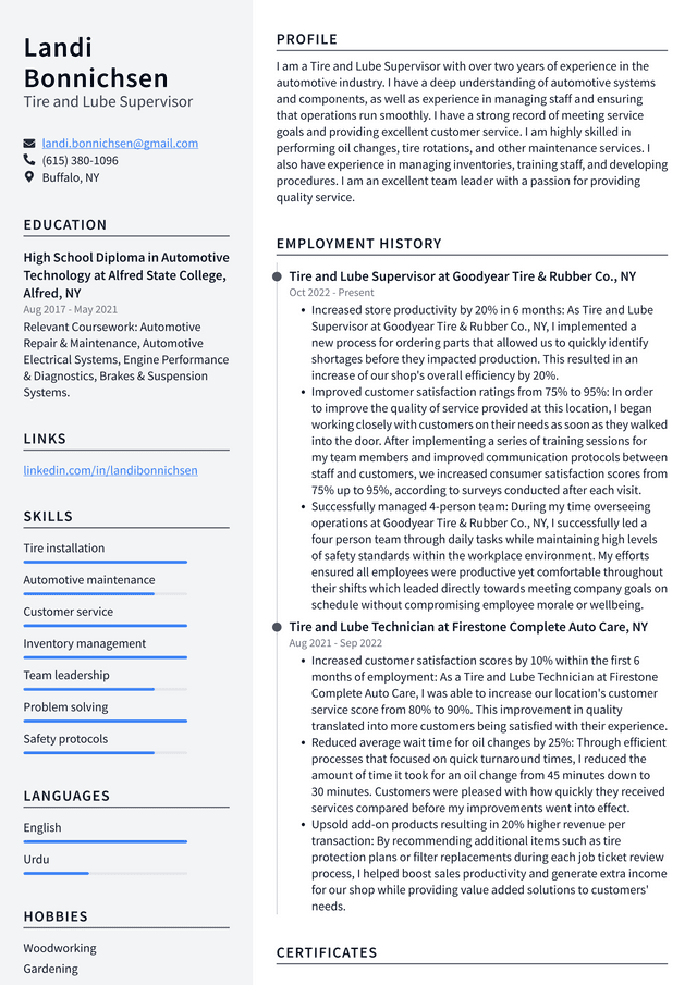 Walmart Tire and Lube Supervisor Resume Example