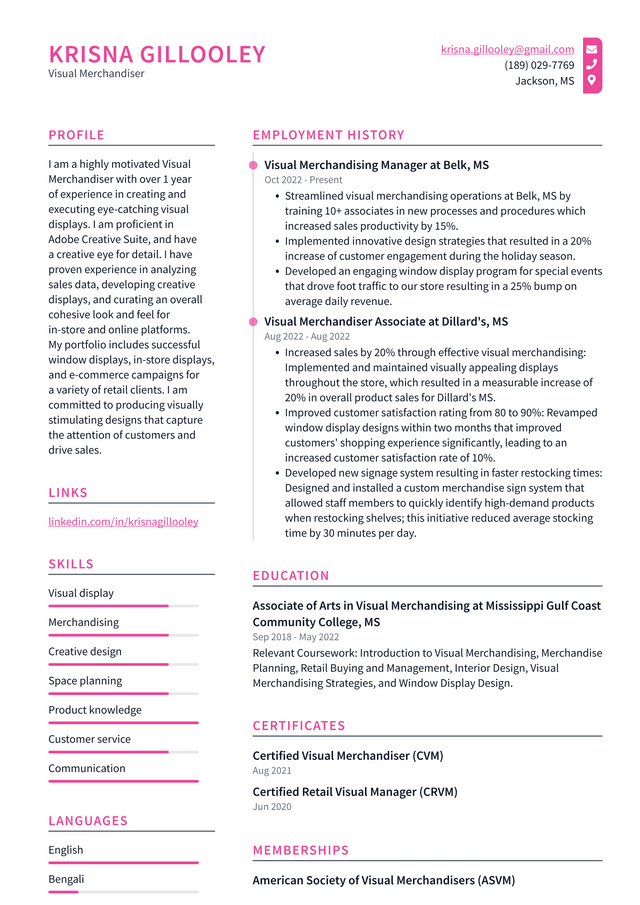 Walmart Visual Merchandiser Resume Example