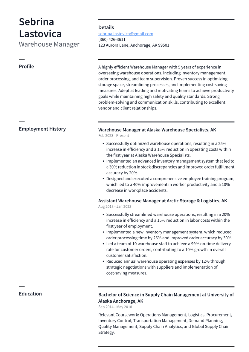 Warehouse Manager Resume Example