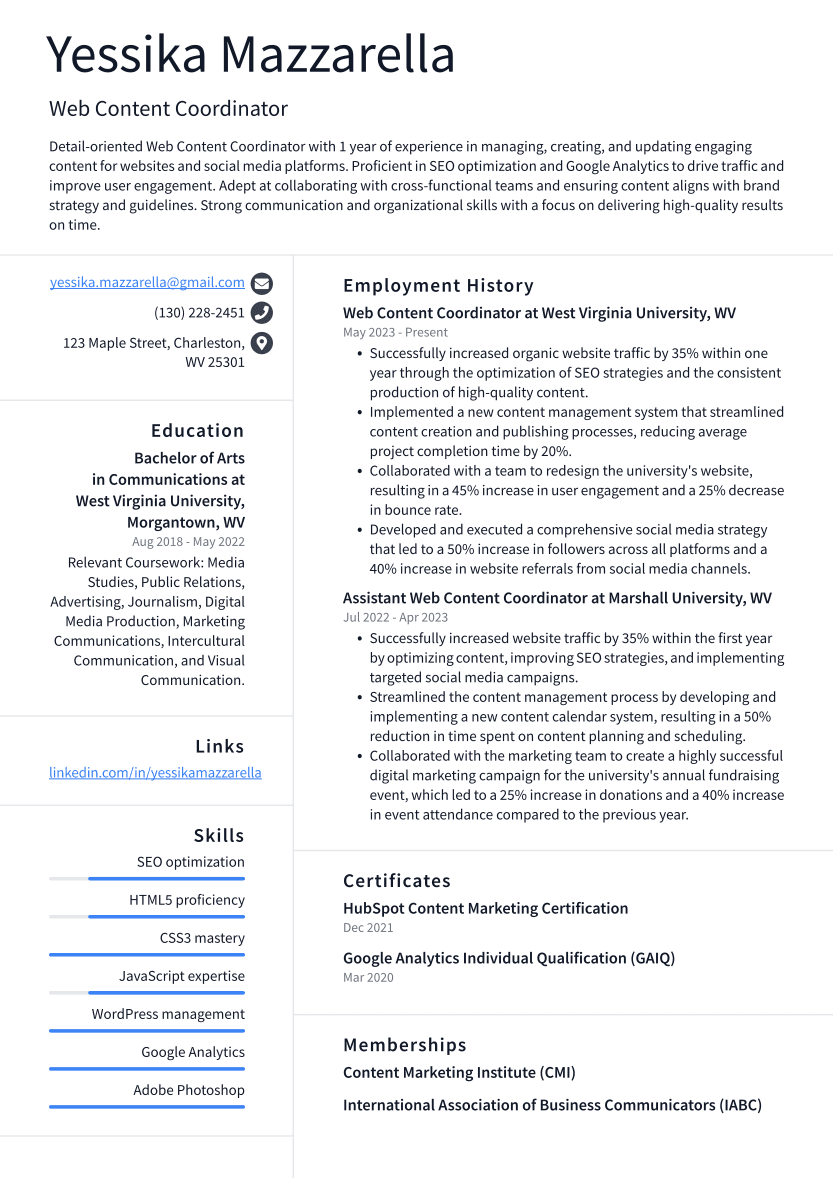 Web Content Coordinator Resume Example