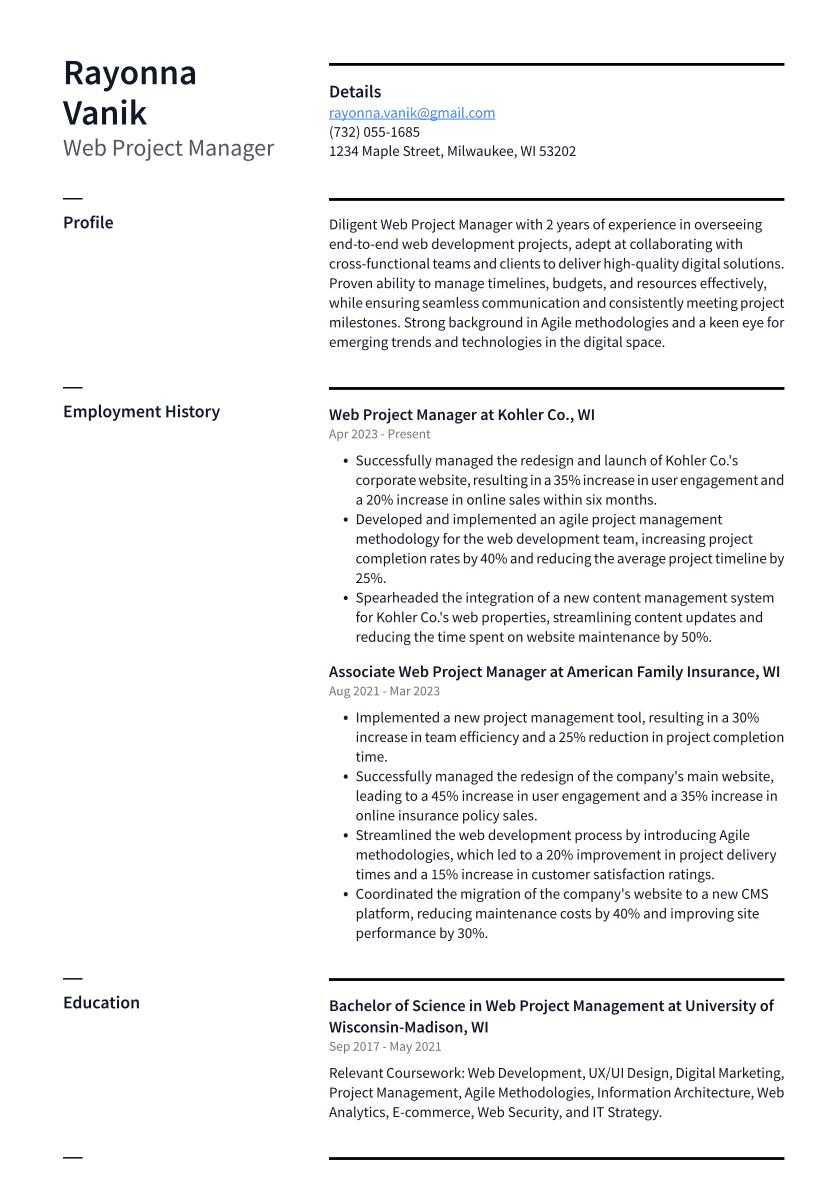 Web Project Manager Resume Example