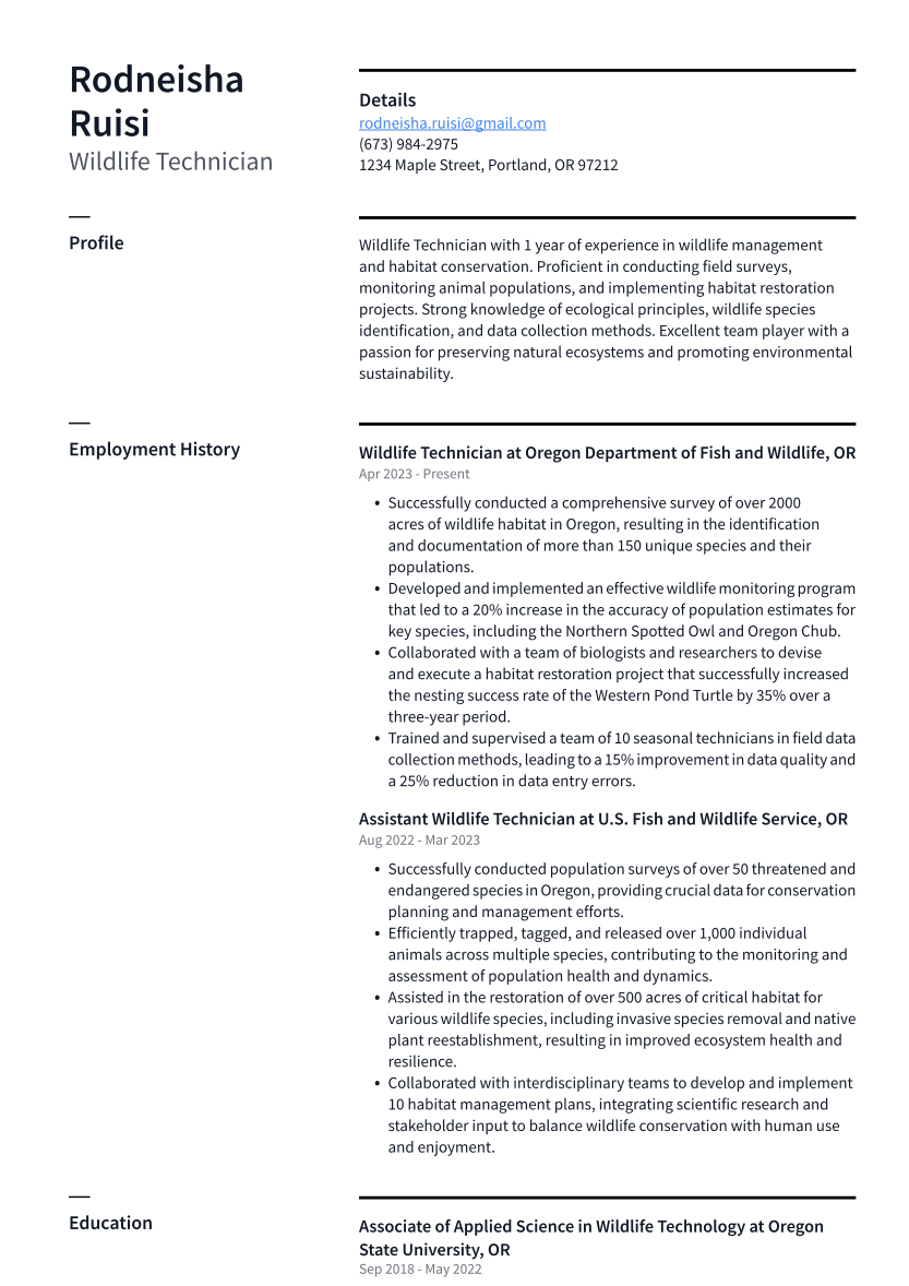 Wildlife Technician Resume Example