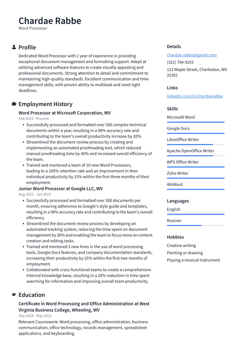 Word Processor Resume Example