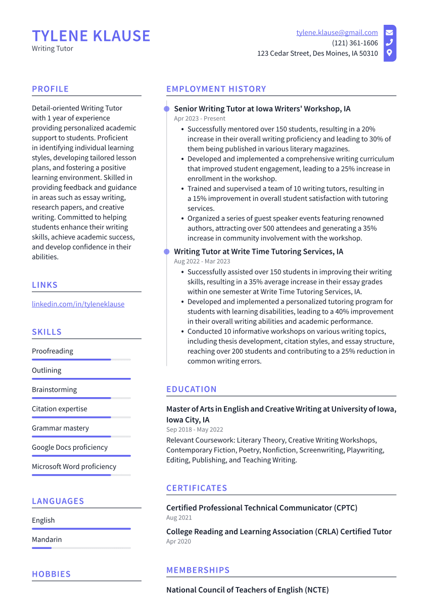 Writing Tutor Resume Example