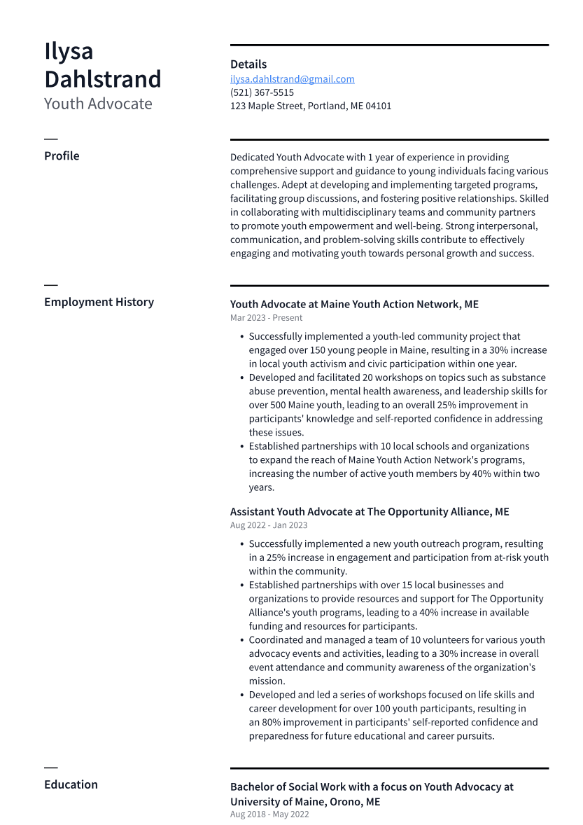 Youth Advocate Resume Example