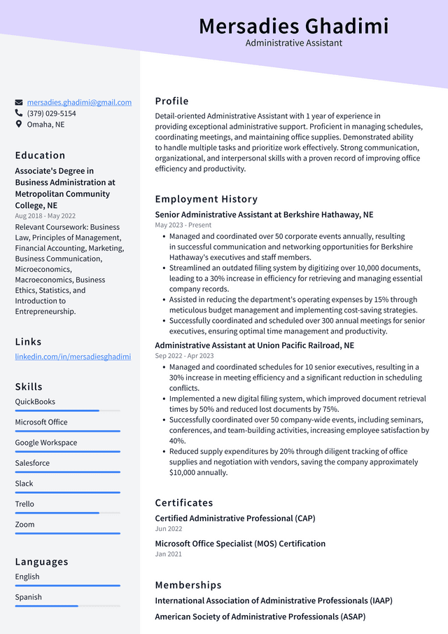 Zoom Administrative Assistant Resume Example