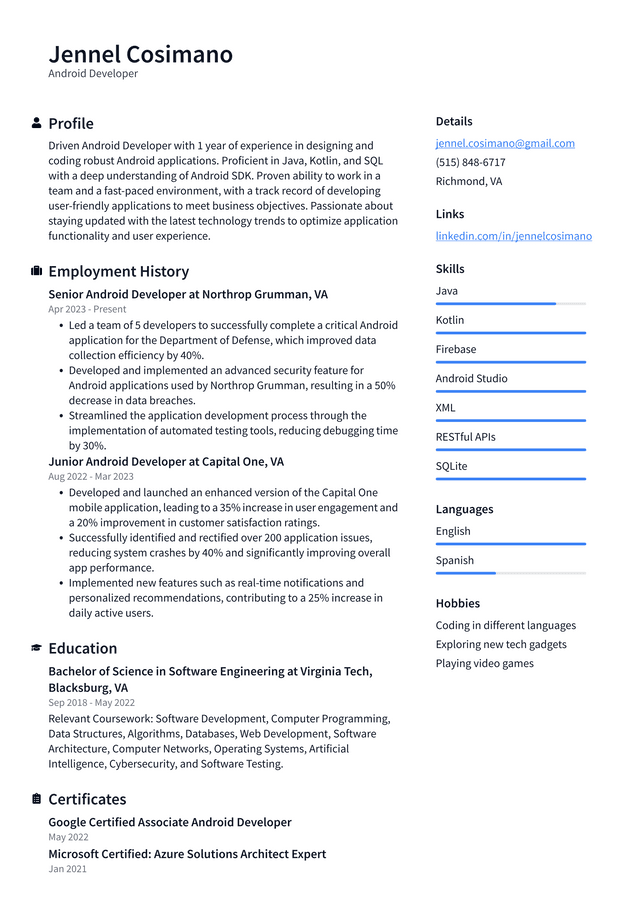 Zoom Android Developer Resume Example