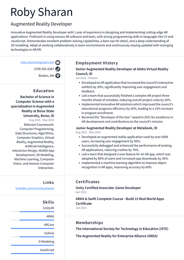 Zoom Augmented Reality Developer Resume Example