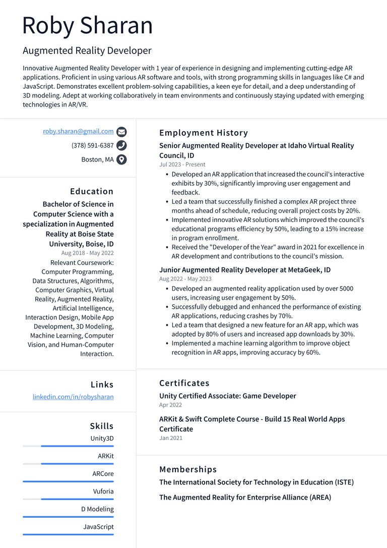 Zoom Augmented Reality Developer Resume Examples ResumeCat