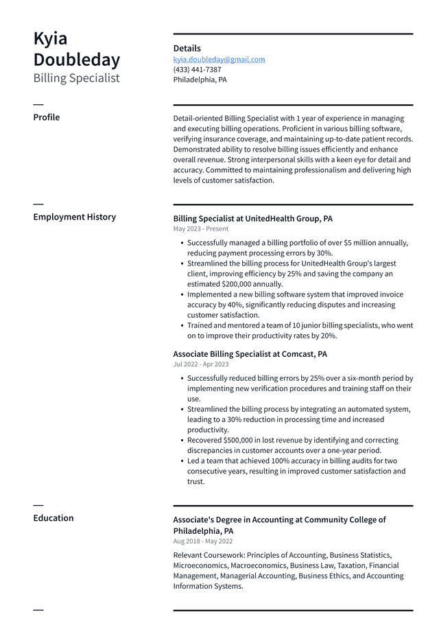 Zoom Billing Specialist Resume Example