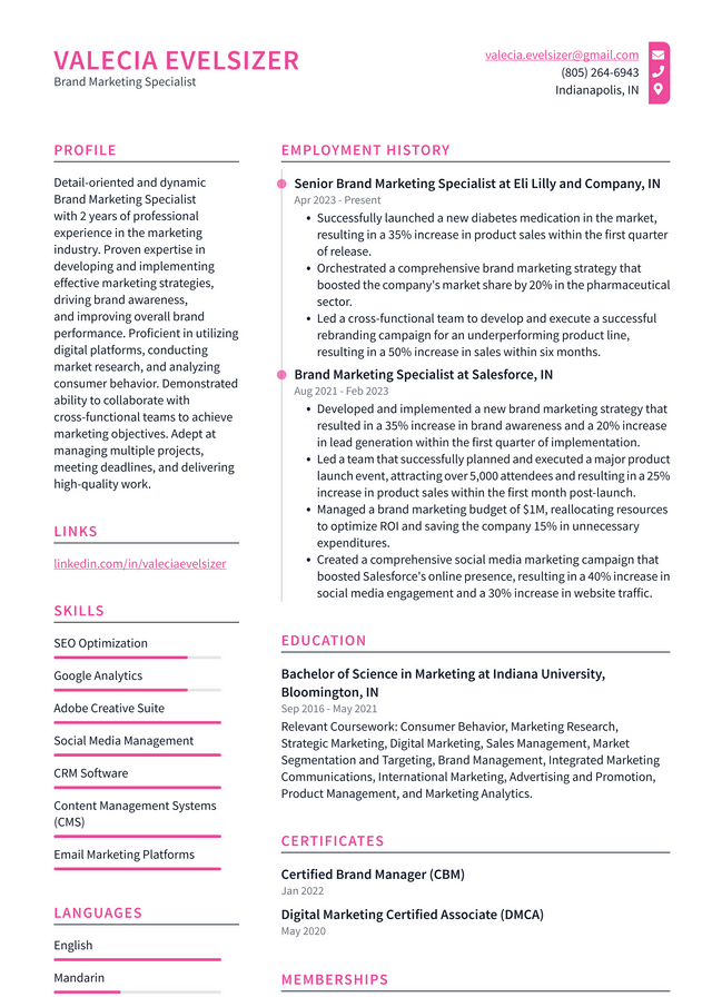 Zoom Brand Marketing Specialist Resume Example