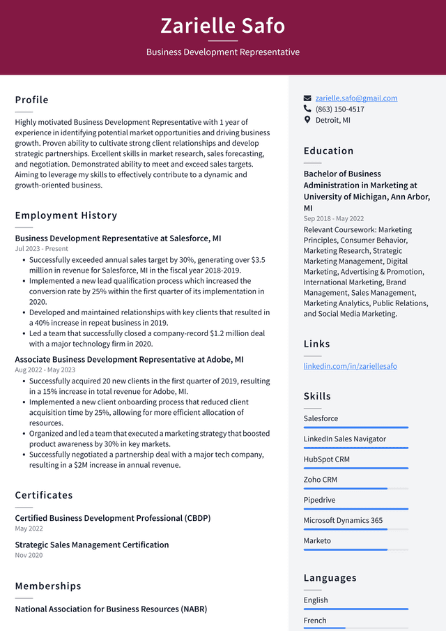 Zoom Business Development Representative Resume Example