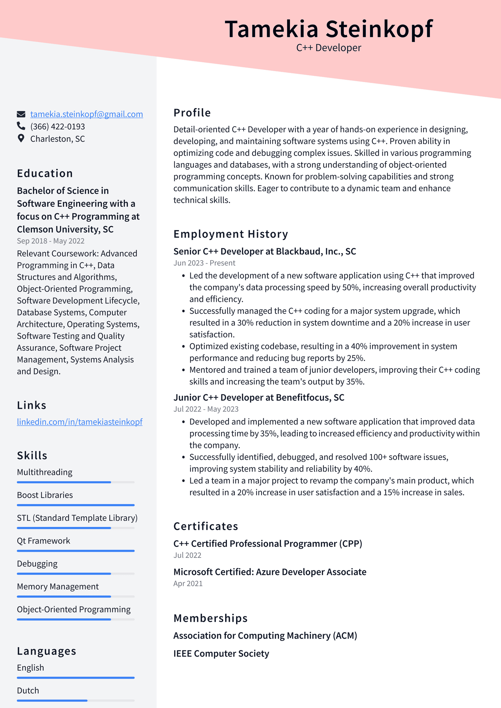 Zoom C++ Developer Resume Examples | ResumeCat