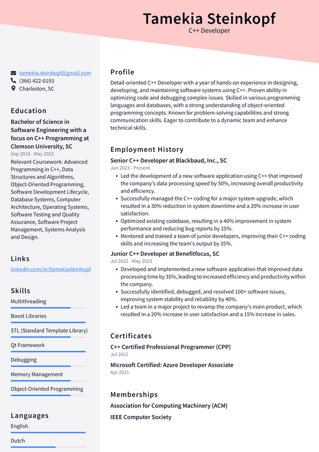 Zoom C++ Developer Resume Example