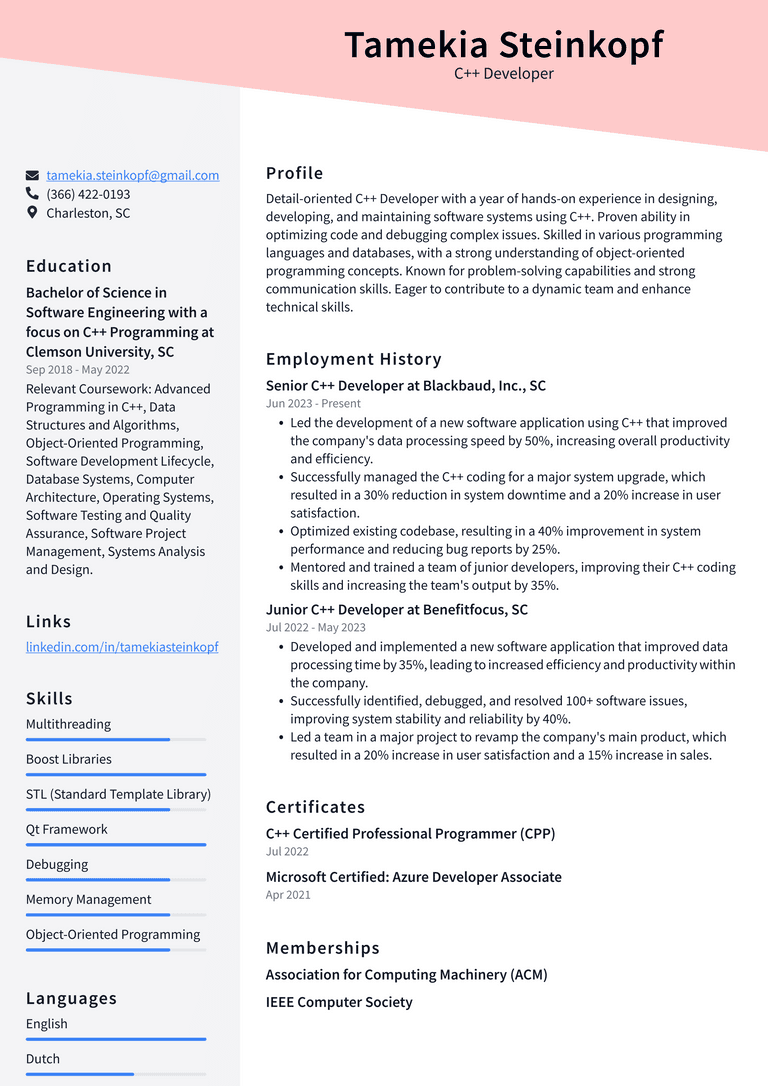 Zoom C++ Developer Resume Examples | ResumeCat