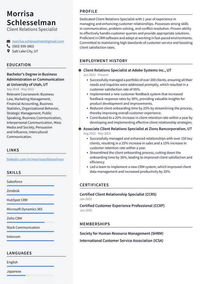 Zoom Client Relations Specialist Resume Example