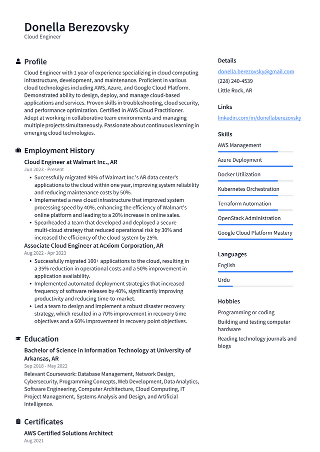 Zoom Cloud Engineer Resume Example