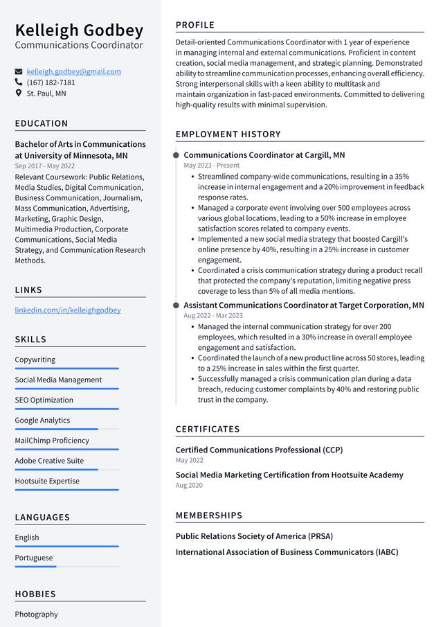 Zoom Communications Coordinator Resume Example