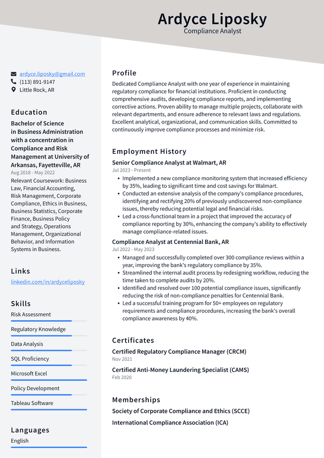 Zoom Compliance Analyst Resume Example