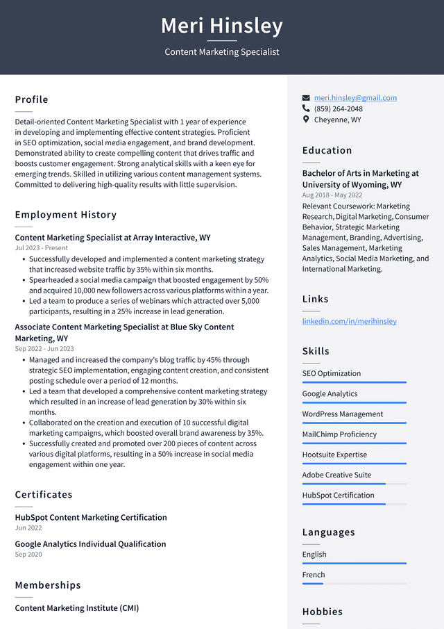 Zoom Content Marketing Specialist Resume Example