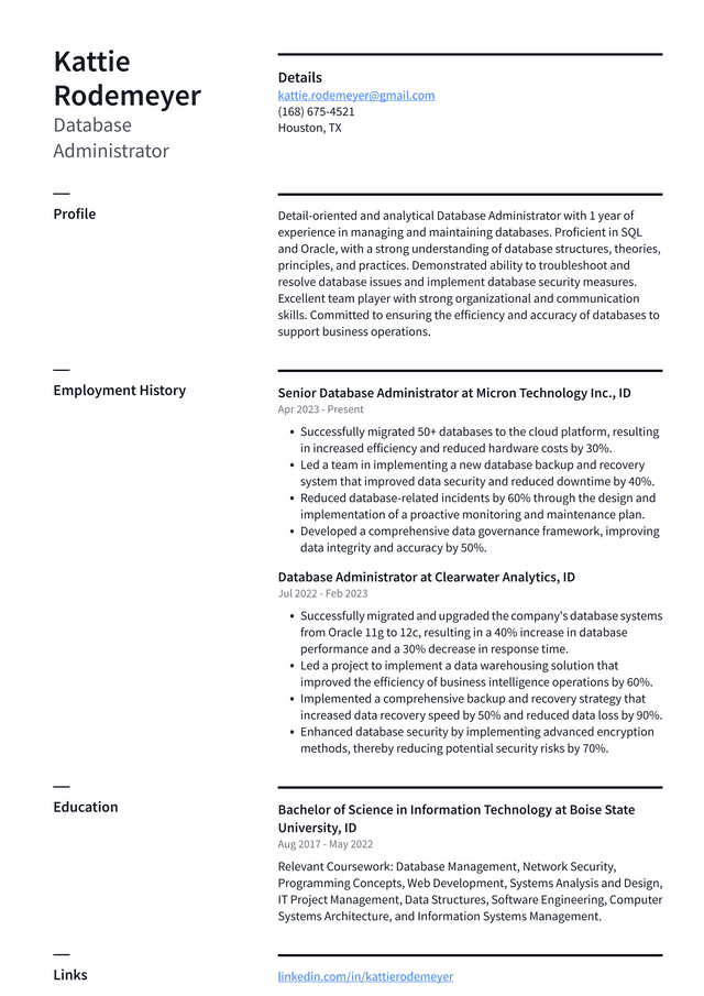 Zoom Database Administrator Resume Example