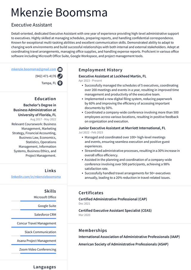 Zoom Executive Assistant Resume Example