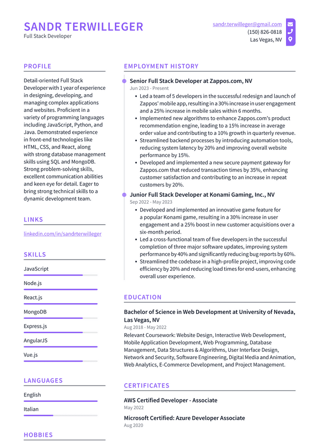 Zoom Full Stack Developer Resume Example