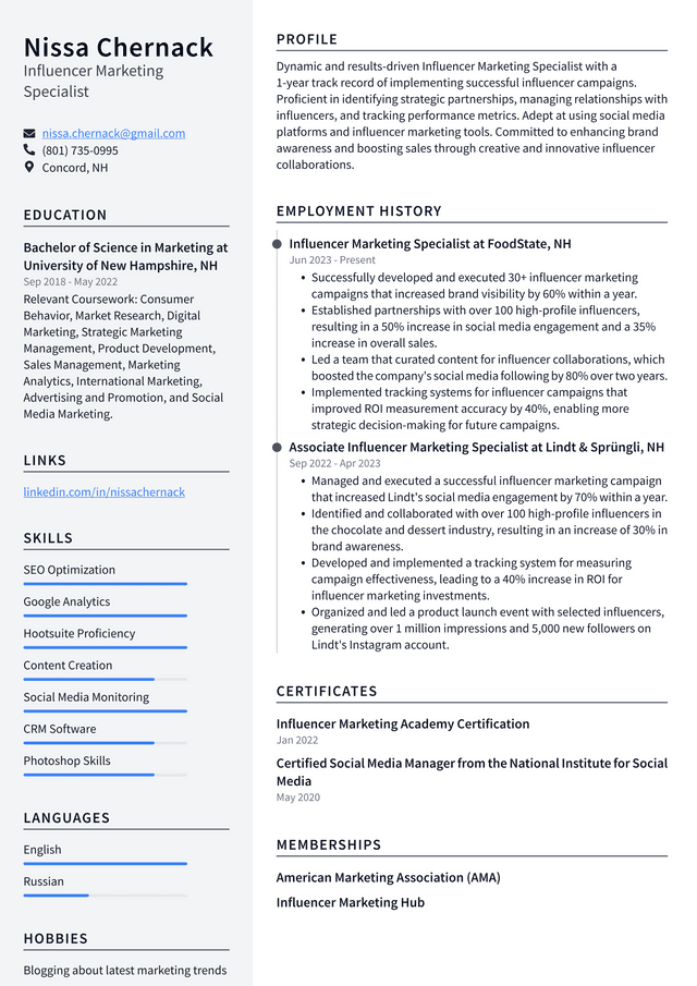 Zoom Influencer Marketing Specialist Resume Example