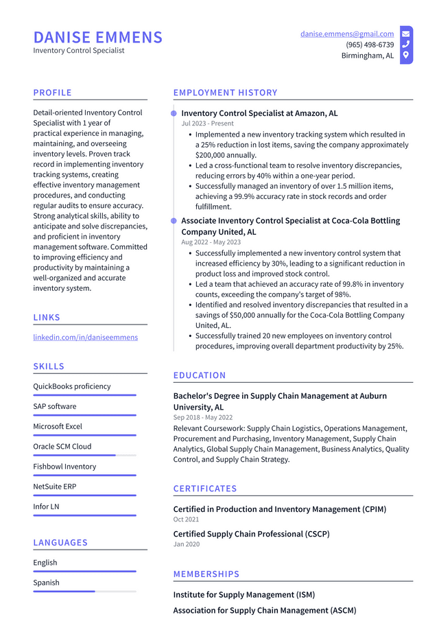 Zoom Inventory Control Specialist Resume Example