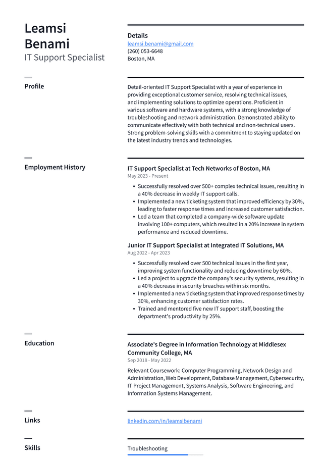 Zoom IT Support Specialist Resume Example