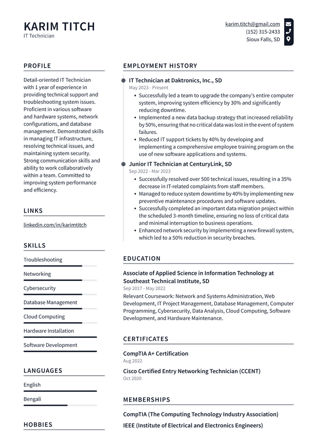 Zoom IT Technician Resume Example