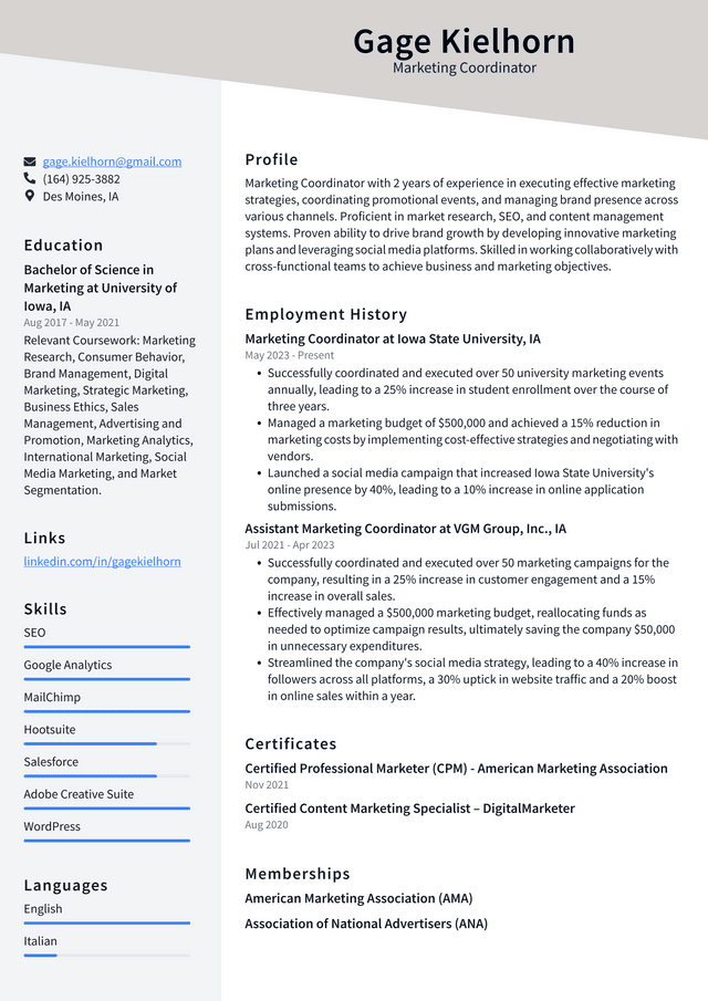 Zoom Marketing Coordinator Resume Example