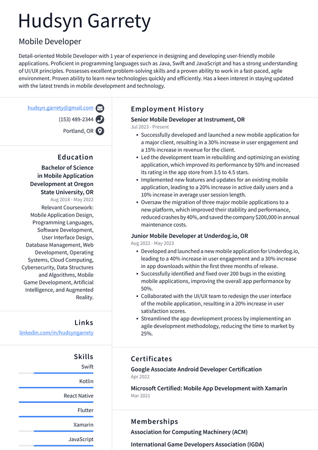 Zoom Mobile Developer Resume Example