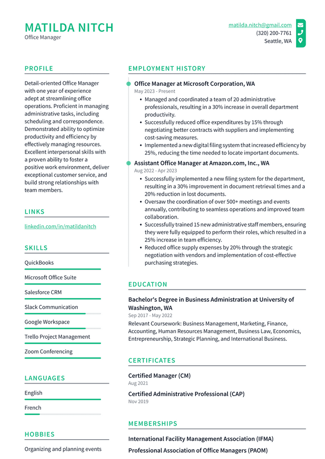 Zoom Office Manager Resume Example