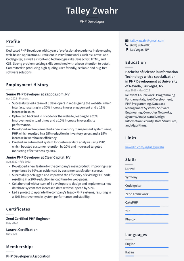 Zoom PHP Developer Resume Example